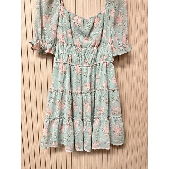 Row A Green Floral Mini Dress, Smocked Tiered Fit, Pouf Sleeve Women's Size S - Picture 7 of 9